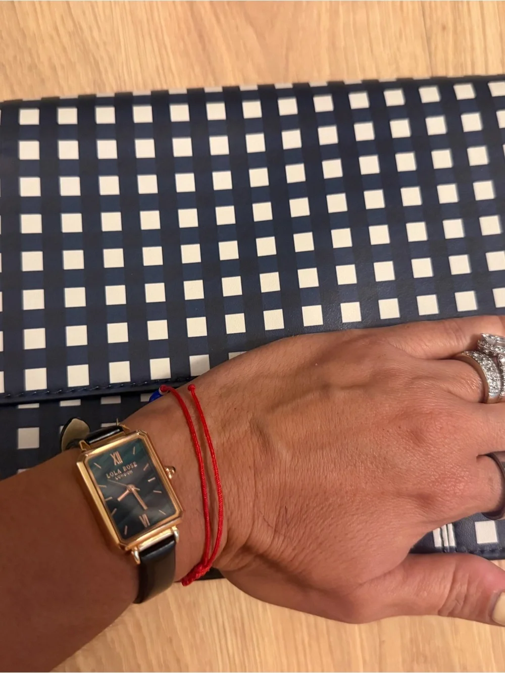 Tory Burch Navy and Cream Gingham Foldover Wallet